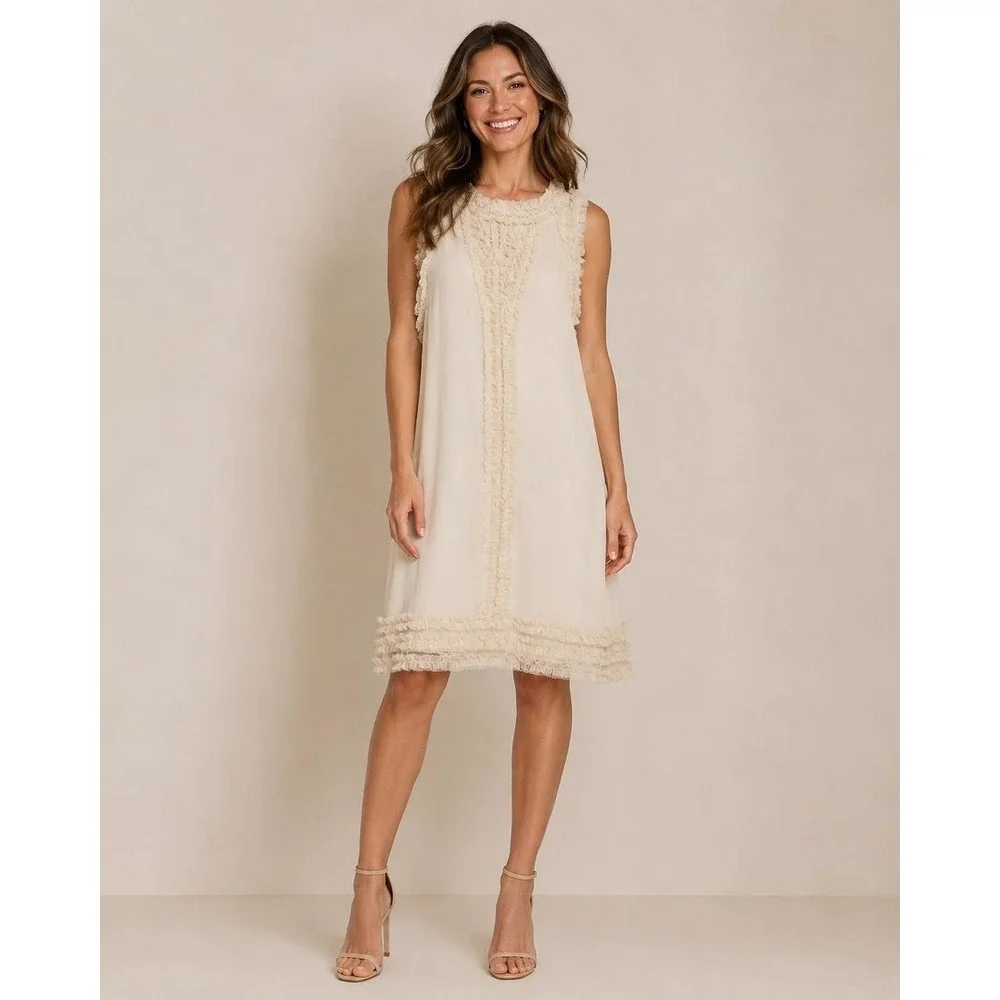 KNITTED DOVE Women's Knee Length Dress LARGE 100% Silk Ivory Sleeveless K92004‎